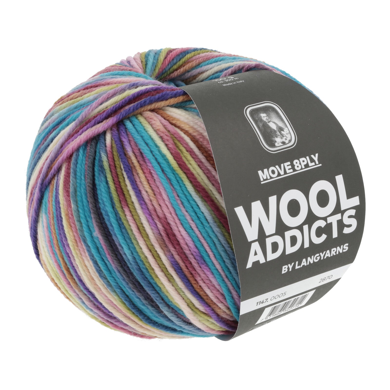 Multicolored skein of yarn with &#39;Wool Addicts&#39; label on a white background