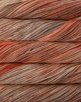 Close-up of multicolored yarn skeins with shades of brown, tan, coral and red.