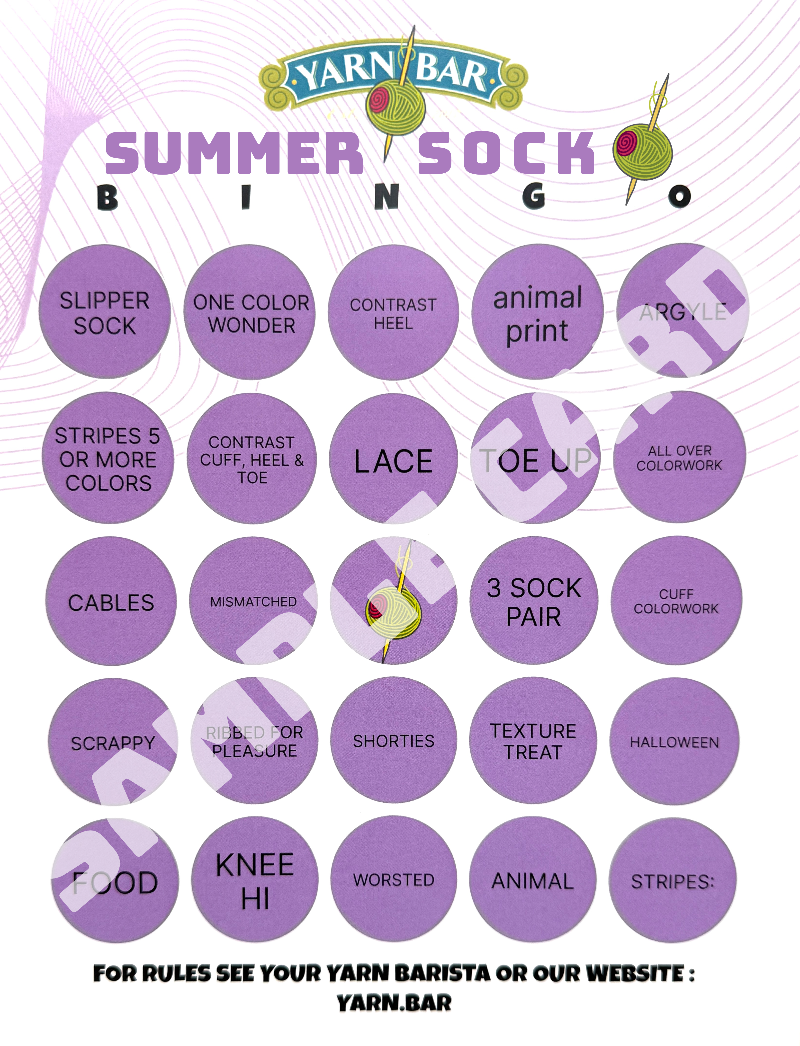 Yarn Bar Summer Sock Bingo card with purple circles and yarn-related terms.