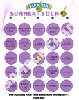 Yarn Bar Summer Sock Bingo card with purple circles and yarn-related terms.