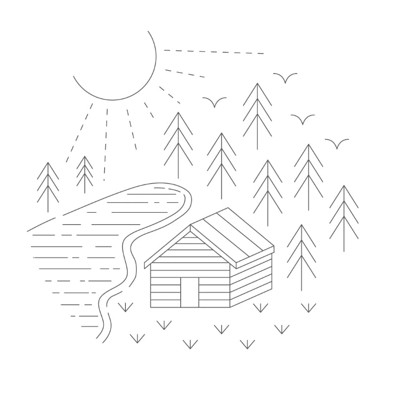 Line drawing of a cabin in the woods with trees, sun, and path.