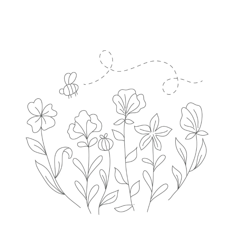 Simple line drawing of flowers and a bee on a white background