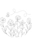 Simple line drawing of flowers and a bee on a white background