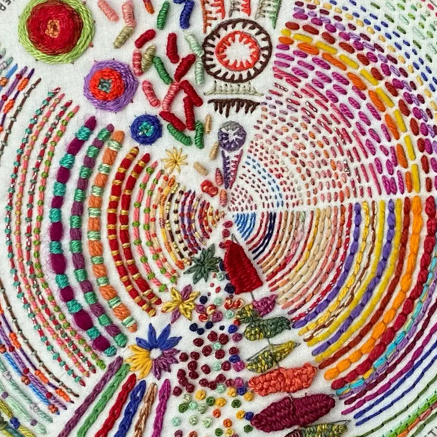 Colorful embroidered design with circular patterns and various shapes